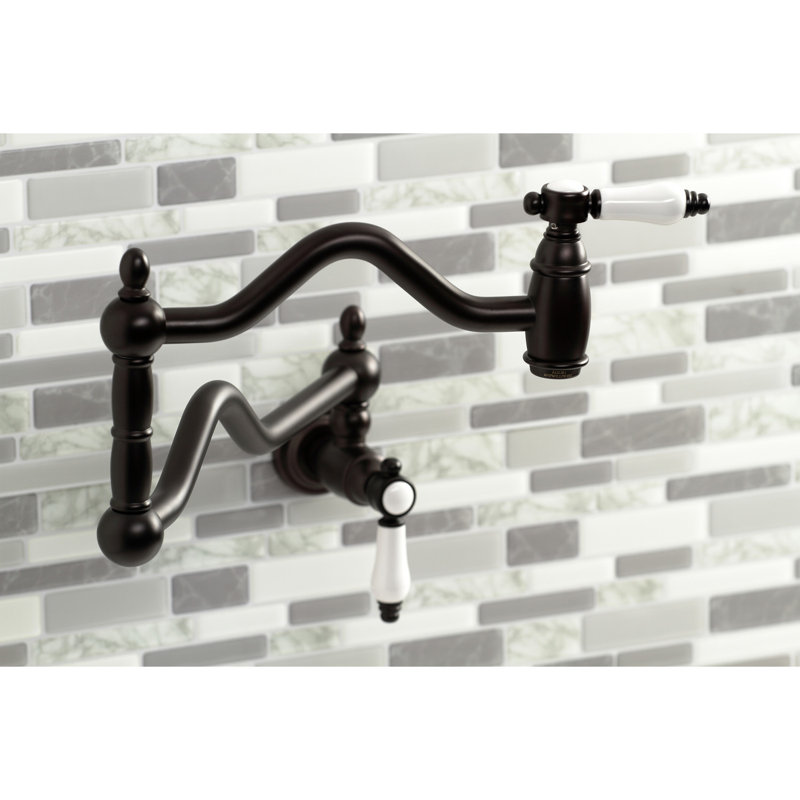 Kingston Brass Heritage Two-Handle 1-Hole Wall Mount Pot Filler Faucet, Oil Rubbed Bronze, White Porcelain Lever