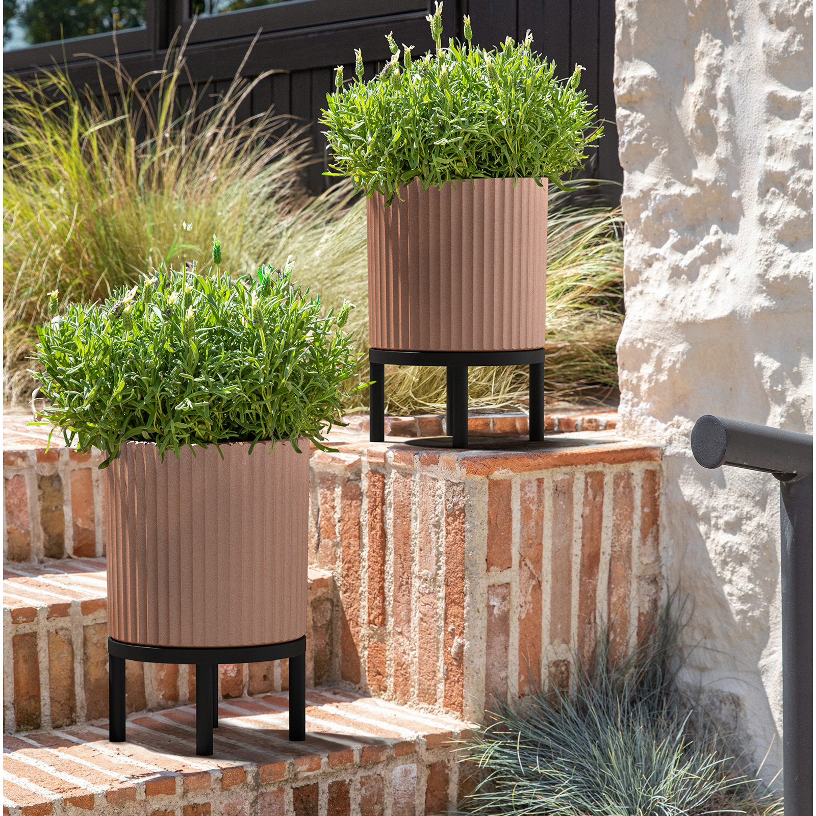Demi Series Planter with Stand, 2, 16" H x 10.5" W x 10.5" D, Terracotta/Black