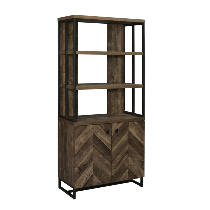 Bibliothèque rustique Herringbone avec 3 tablettes et 2 armoires en chêne foncé
