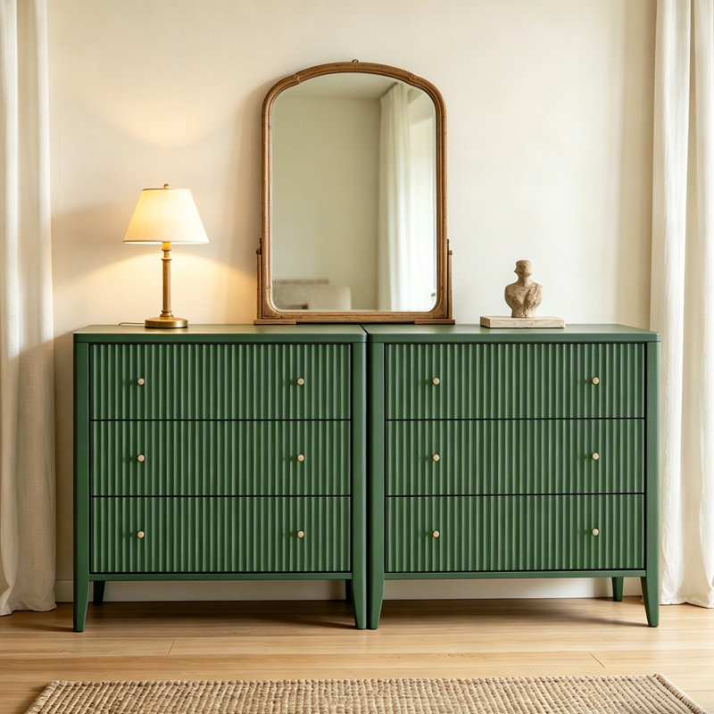 Almonte 3 Drawer 34" W Fluted Wood Dresser with Knobs，Green, Green, 3