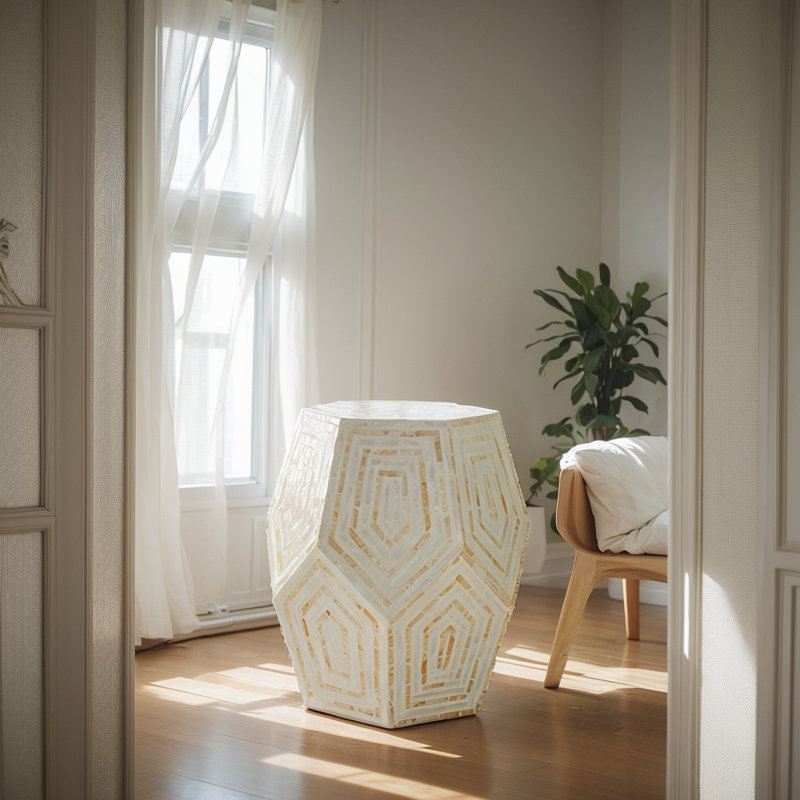 18x18x21" Hexagonal Capes Capiz Stool, Cream/Yellow
