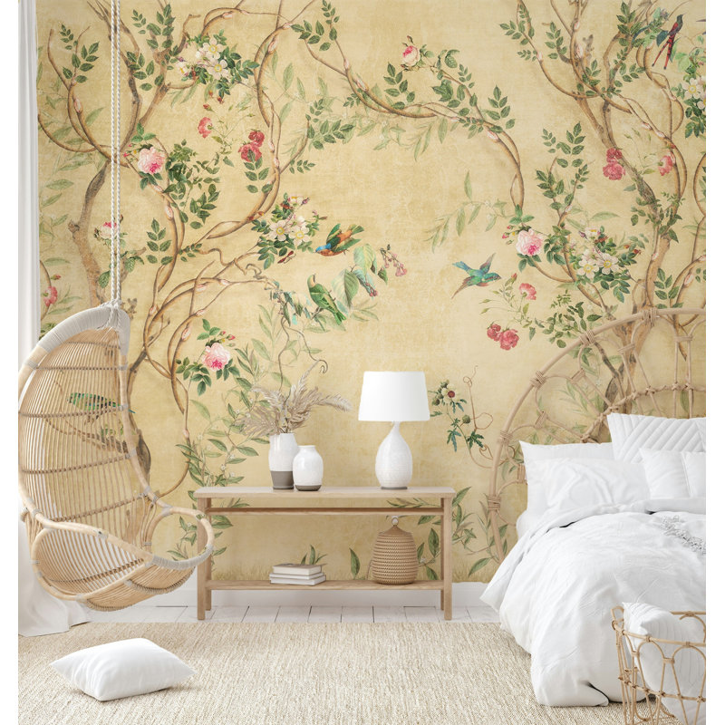 Papier peint rétro avec oiseaux et fleurs, L 75 po x l 112 po, Beige