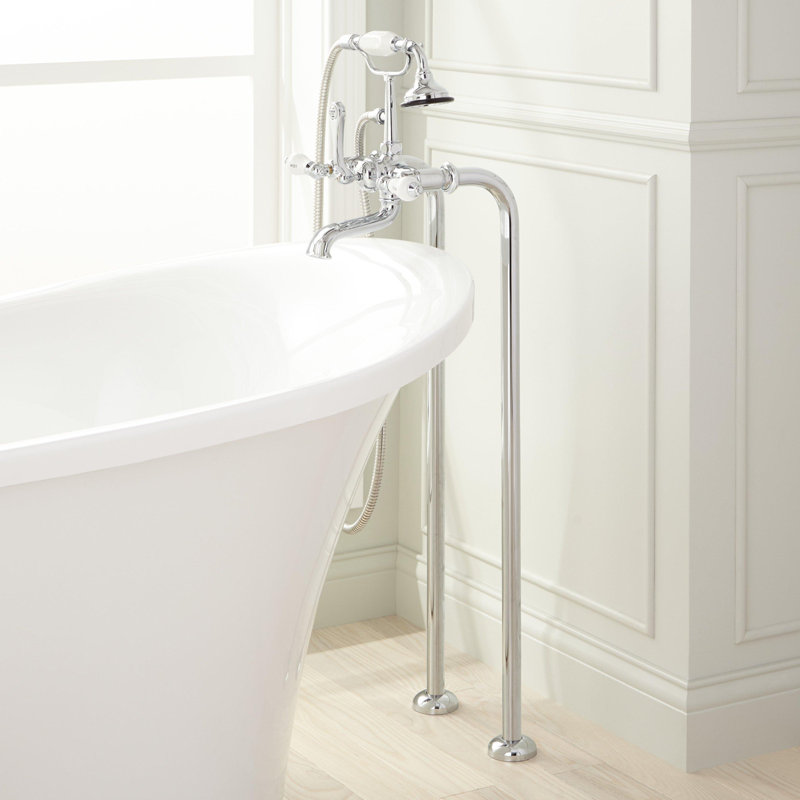 Telephone Style Floor Mounted Tub Faucet with Porcelain Lever Handles, Chrome