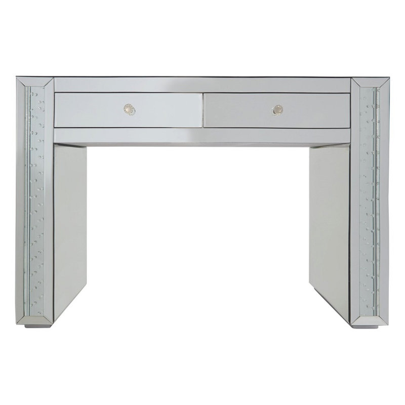 Coiffeuse en miroir Emma avec deux tiroirs, bureau de maquillage de qualité supérieure avec plateau en verre et boutons en cristal de luxe