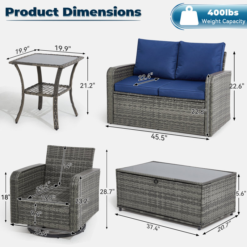 5 Pieces Outdoor Furniture Set With Swivel Chairs, Wicker Patio Furniture For Porch Deck Bistro Lawn Garden Backyard Poolside