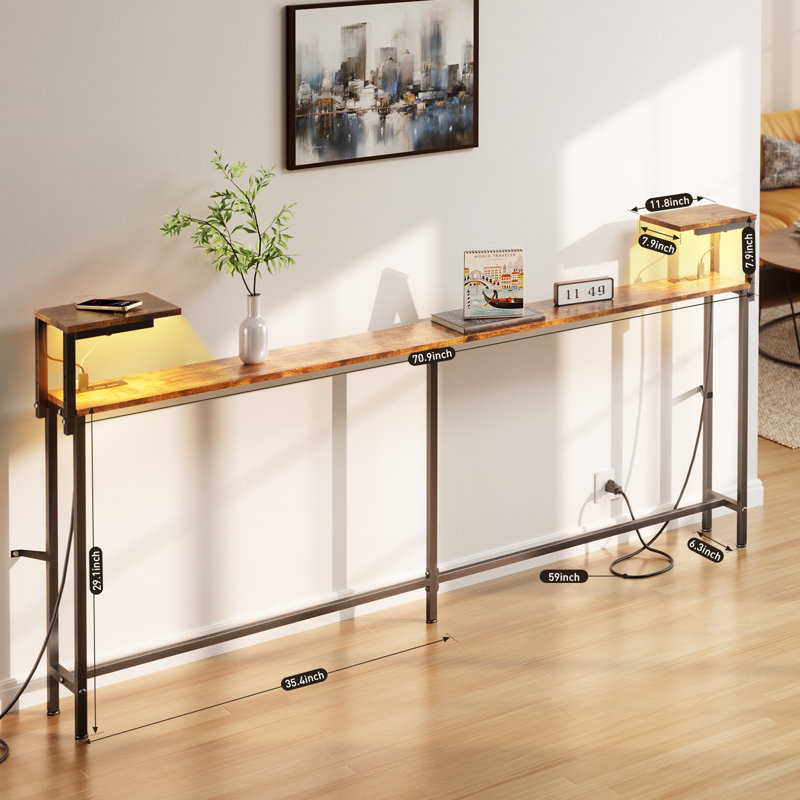  71 Inch Narrow Console Table with Outlet, Behind Couch Table with Double Storage Shelves, Narrow Long Sofa Table with LED Light for Living Room, Entryway Desk for Hallway, Rustic Brown