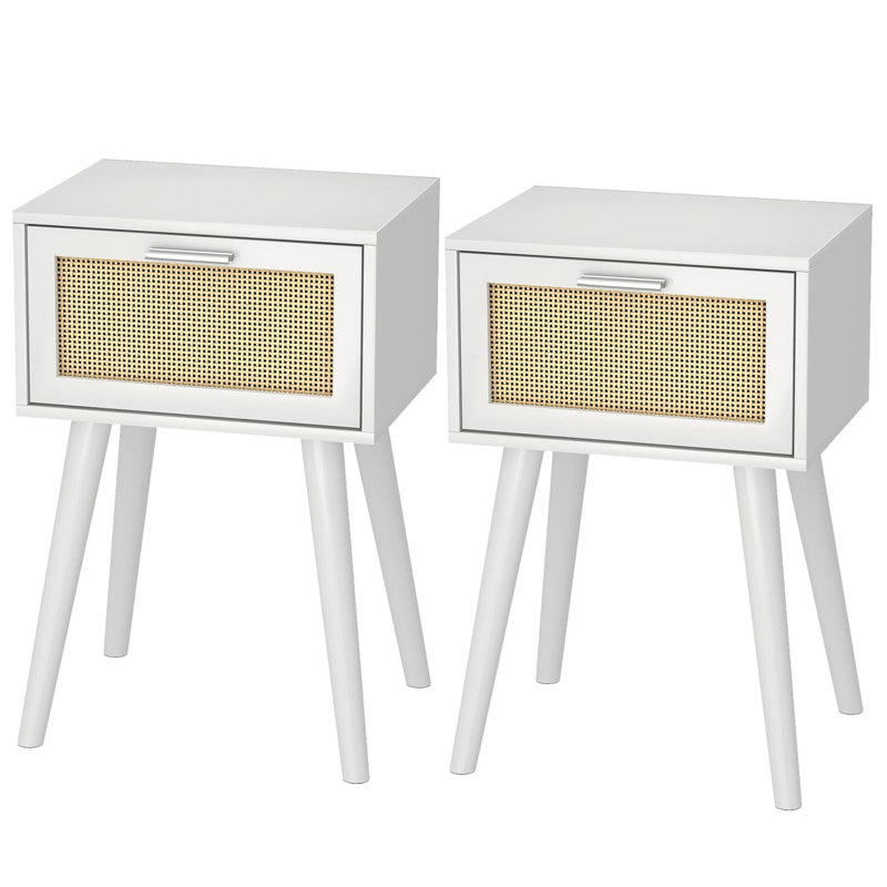 White Small End Tables with Rattan Doors, Set of 2