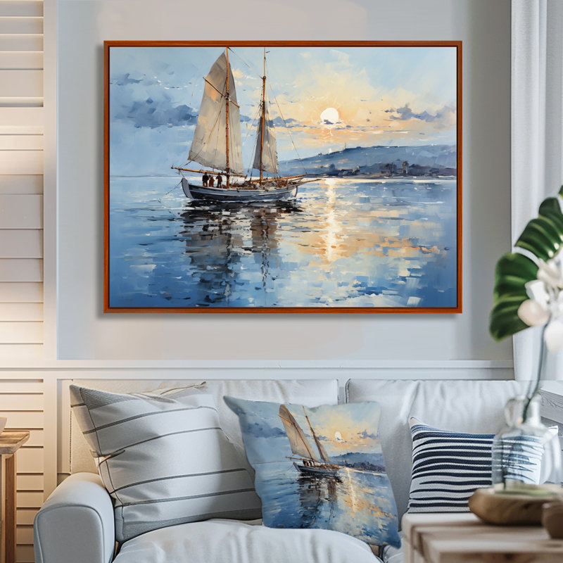 Bateau, voile, reflets I - art encadré de bateau côtier, H 30 po x l 40 po x P 1,5 po, Cadre flottant brun