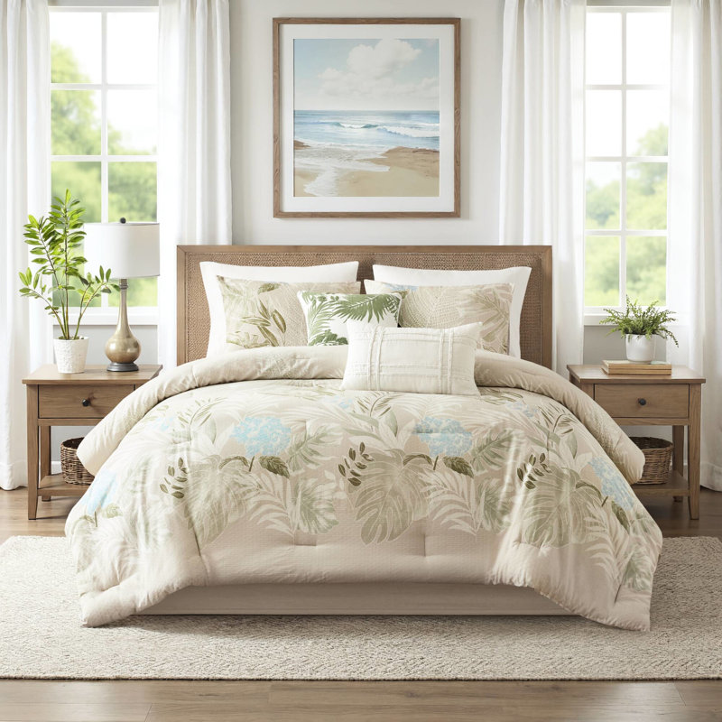 Couette en coton 6 pièces pour un style de vie côtier, taille Queen, rembourrage, imprimé tropical aux nuances variées.