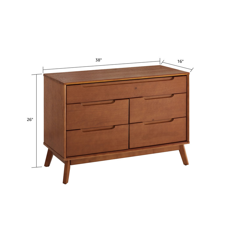 Mid-Century Brown Solid Wood 5-Drawer Dresser