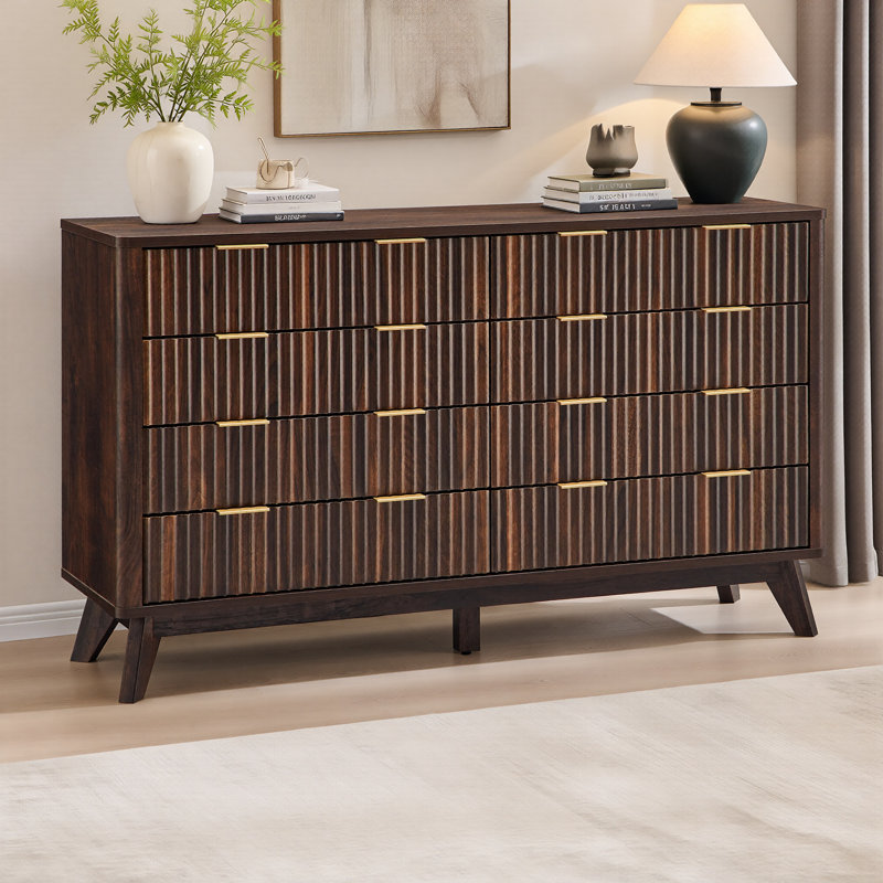 8-drawer Fluted Dresser With Faux Marble Top & Triple-room Storage, Dark Walnut