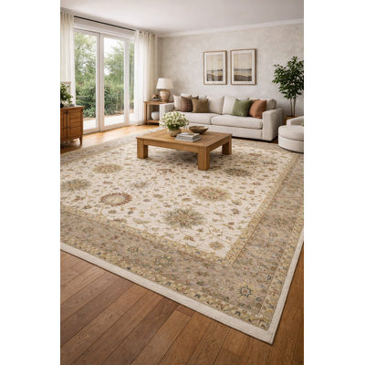 Floral Handmade Hand-Knotted Rectangle 12' x 15'1" Wool Area Rug in Cream