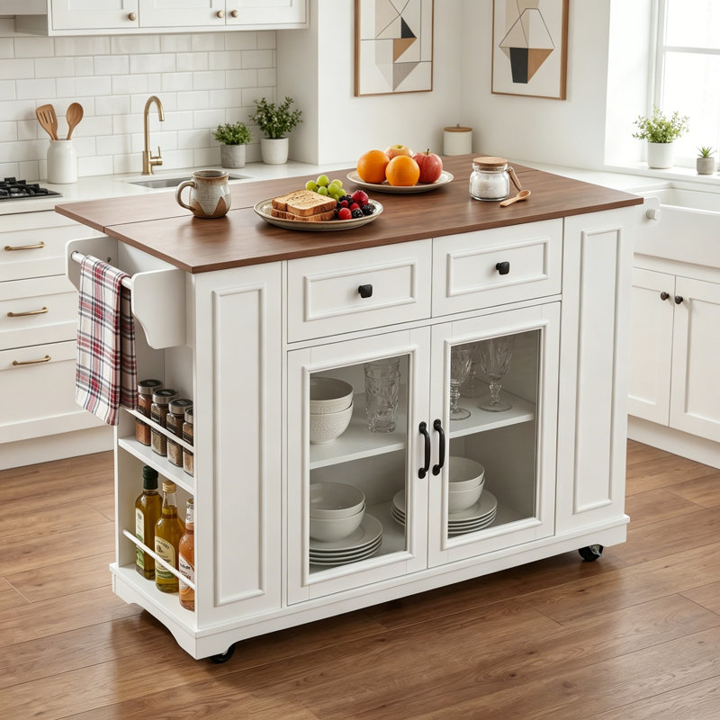 Îlot de cuisine avec rangement en verre, prise de courant et tablettes ouvertes, White