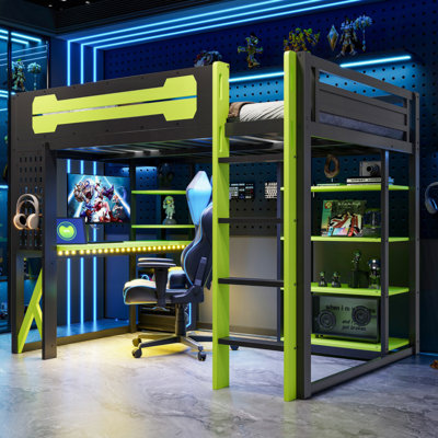 Wood Loft Bed with Chevron Desk, RGB LED Light & Charging Station, 4-Tier Bookshelf Loft Bed Frame with Guardrails & Ladder, 400lbs Weight Capacity