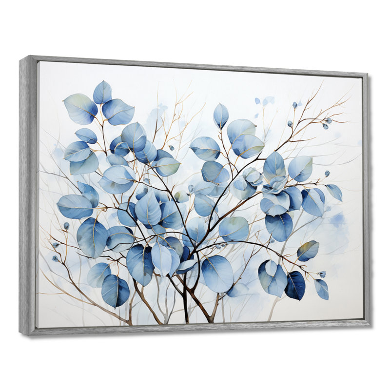 Art mural bleu et gris avec feuilles sur une branche III - feuilles, H 24 po x l 32 po x P 1 po, Encadrement argenté