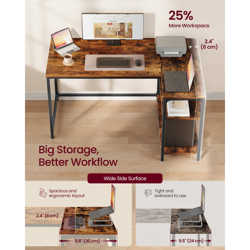 Corner Computer Desk With Adjustable Storage Shelves, L Shaped Gaming Table For Office, Brown, 76cm H x 120cm W x 80cm D