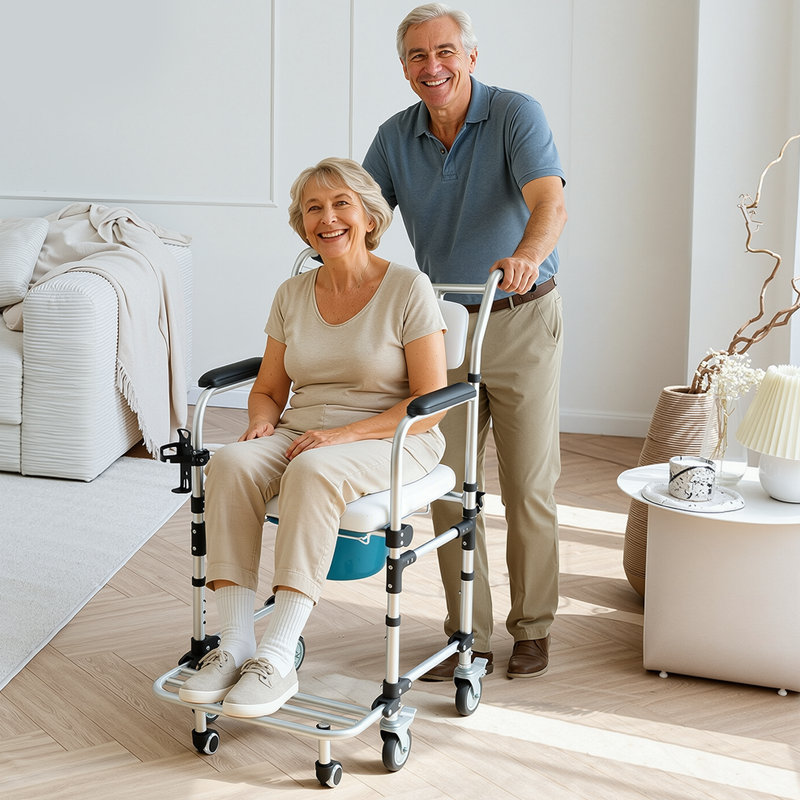 4-In-1 Bedside Commode Shower Wheelchair For Seniors And Disabled - Lockable Wheels, Detachable Bucket, Padded Seat And Armrests, Flip-Up Footrest, White