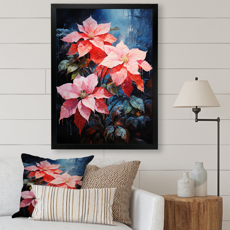 «Dariga Red Blue Poinsettias Winter I», reproduction sur toile, H 20 po x l 12 po x P 1 po, Cadre photo noir