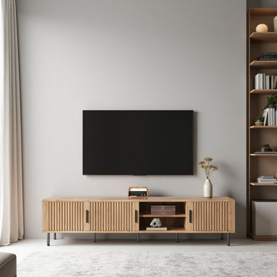 Meuble télé moderne pour téléviseur de 85 po ou moins, centre de divertissement avec rangement fermé et gestion des câbles, charnières à fermeture en douceur, pieds robustes en fer pour le salon