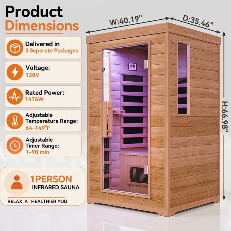 Sauna infrarouge lointain à faible champ électromagnétique pour une personne, sauna de 1760 W avec 6 éléments chauffants, luminothérapie 7 couleurs et bois massif de qualité supérieure, pour une détente et un bien-être optimaux.