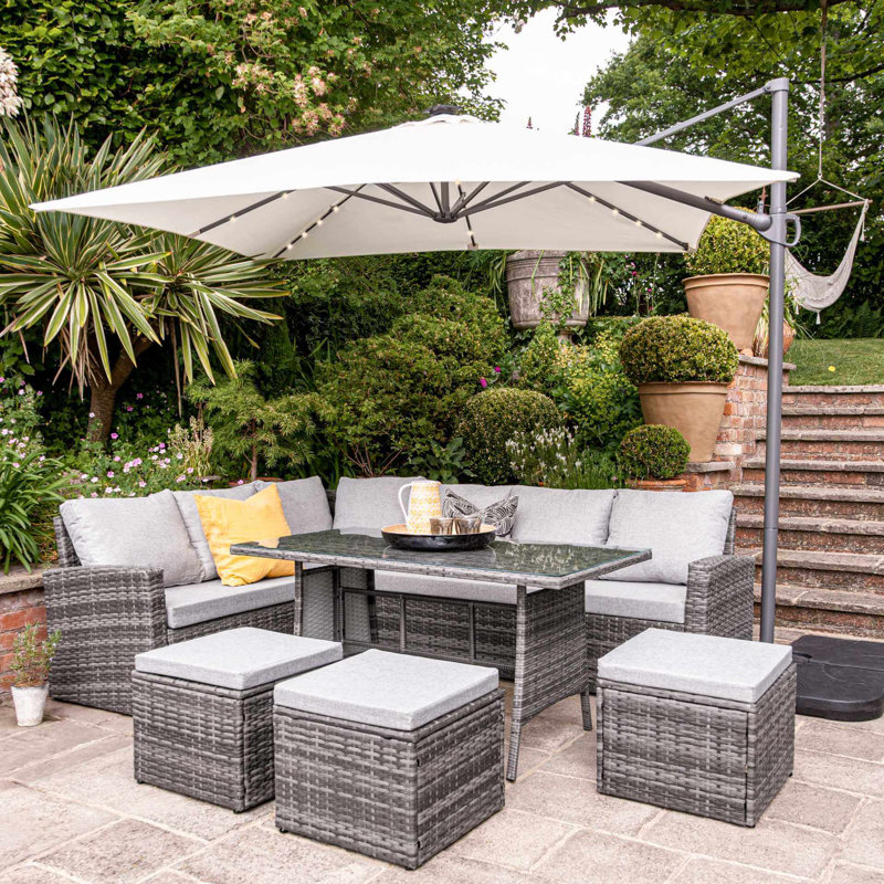 Bernardina Rattan 9 - Person Seating Group with Cushions and LED Premium Parasol, Grey, Cream