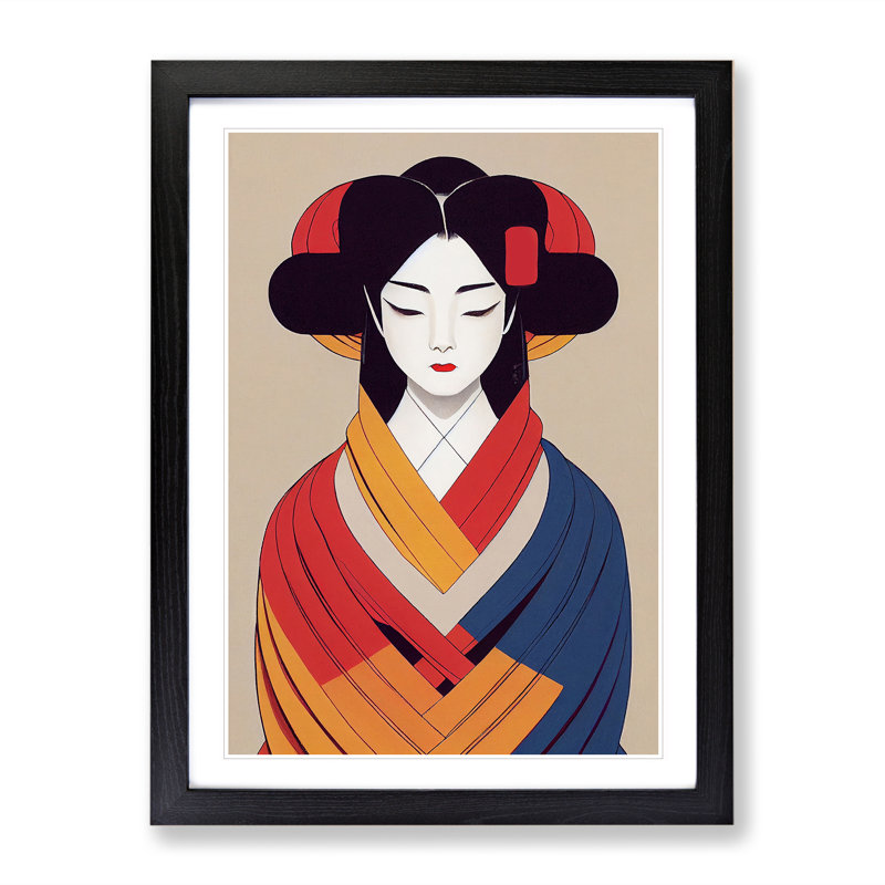 Symmetrical Geisha No.4 - Single Picture Frame Print, Black Framed, 64cm H x 46cm W x 2cm D