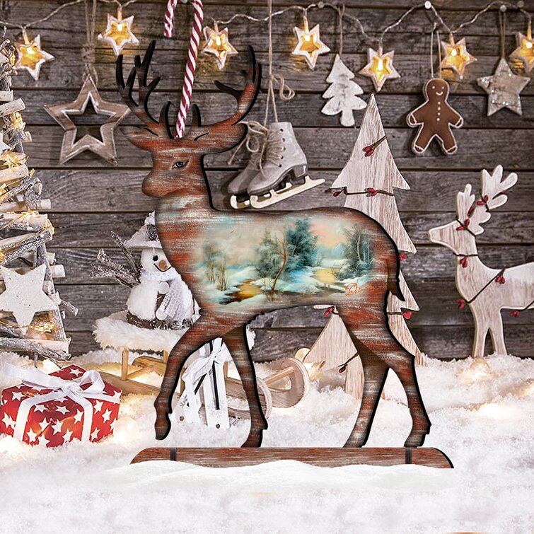 G.DeBrekht Christmas Woodsy Deer scenic Wooden Decorative Door Hanger