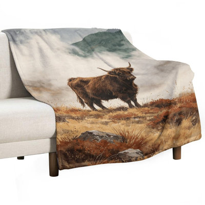 Highland Cow Art Luxury Flannel Throw Blanket, Soft Warm Fuzzy Blanket for Living Room Sofa Bed Home Decor