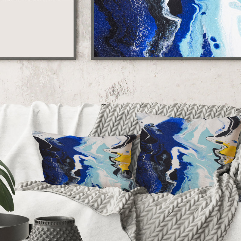 Coussin décoratif abstrait à vagues abstraites jaunes et bleues