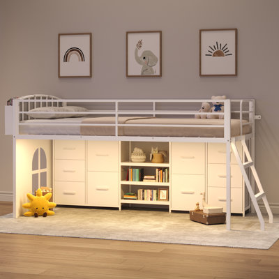 Kids Twin Loft Bed with LED lighting, 10 Drawers and 3 Open shelves