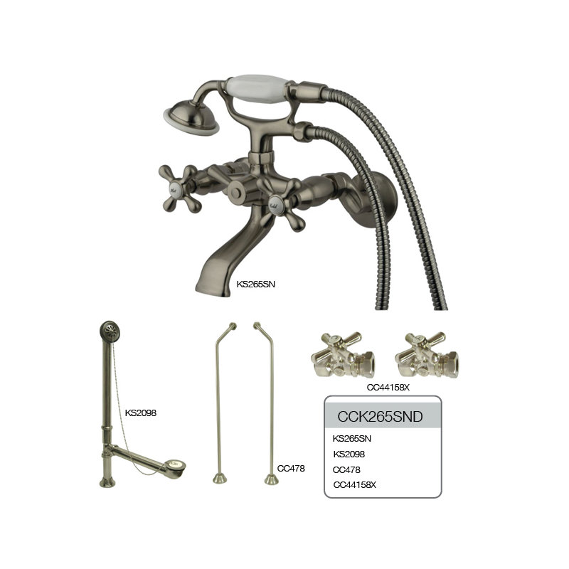 Kingston Brass Vintage Two-Handle 2-Hole Tub Wall Mount Clawfoot Tub Faucet Package with Supply Line, Hand Shower and Tub Drain