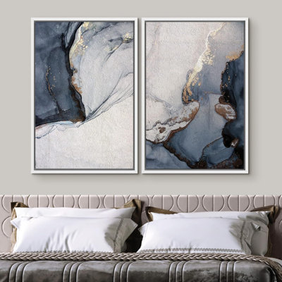 Smoke Abstraction " Pastel Watercolor Blue Smoke Waves Abstract Shapes Wall Pictures Modern Art Minimalist Decor " 2 - Pieces