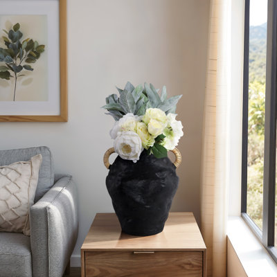 Handcrafted Black Terracotta Vase with Woven Handles - Decorative Clay Accent for Modern Home Decor