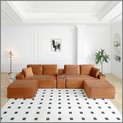 Canapé modulaire surdimensionné de 150 po, canapé Cloud avec assise profonde, canapé en forme de U avec porte-gobelets et ports USB, canapé rembourré en velours côtelé pour le salon, orange