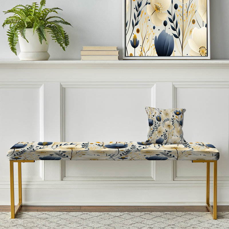 Ivory & Blue Coastal Serene Floral Pattern - Floral Upholstered Gold Bench