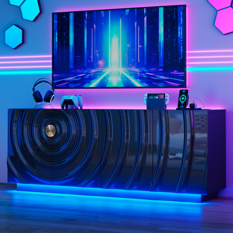 Meuble télé 63 po avec éclairage activé par le mouvement et station de charge intégrée, Noir