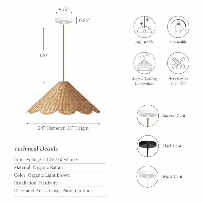 Luminaire suspendu d'extérieur en rotin Daisy Cone, 120 po filaire extérieur blanc