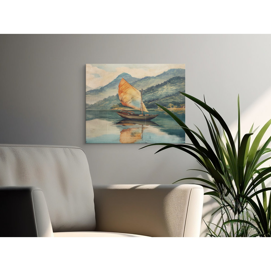 Vintage Sailboat Mountain Lake Canvas Art, Serene Nature Landscape Print for Rustic Cabin Decor, Peaceful Nautical Wall Art, Housewarming