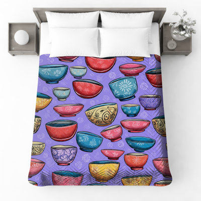 Colorful Ceramic Bowls Quilted Bedspread All Sizes