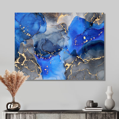Blue and Black Luxury Abstract Fluid Art I - Abstract Painting on Canvas Print