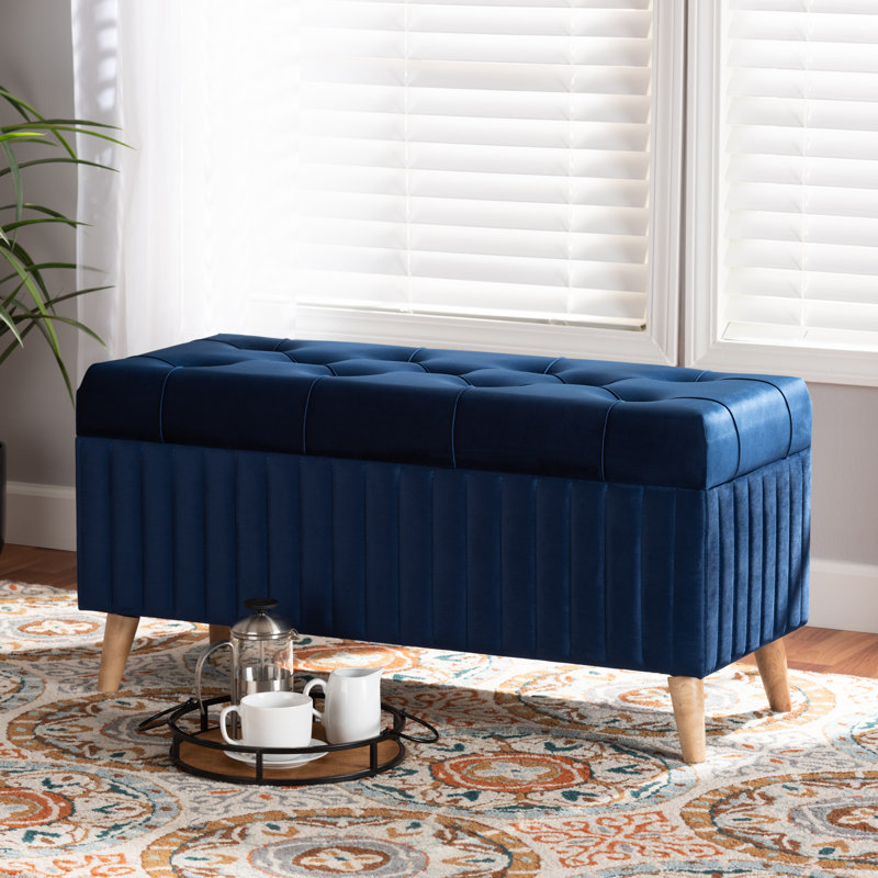 Repose-pieds de rangement rectangulaire en velours 39,4 po Chavers, Velours bleu marine