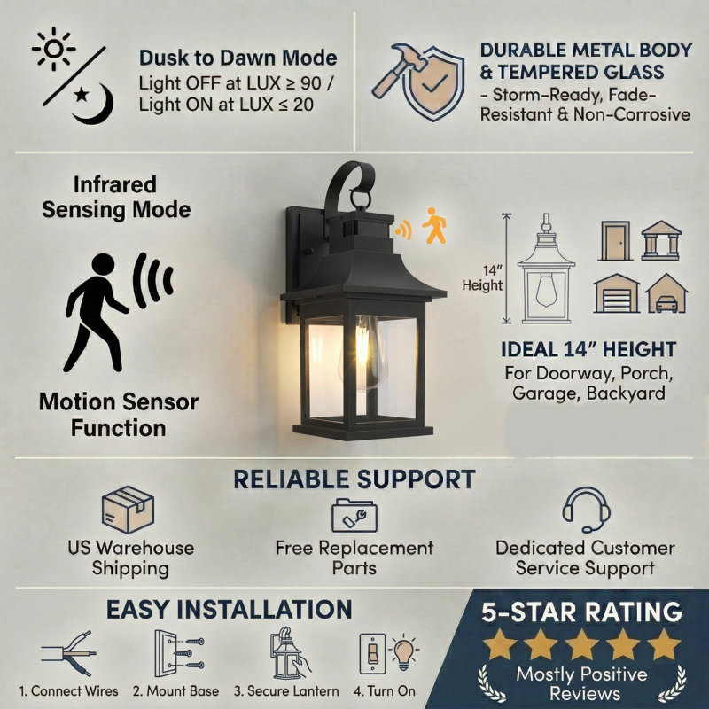 14"H Black Bronze Tempered Glass Outdoor Wall Lantern with Dusk to Dawn and Motion Sensor, Matte Black
