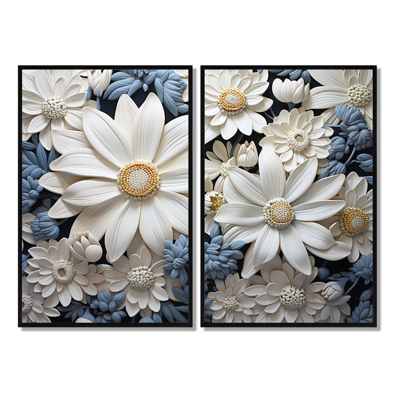 «White Daisy Meadow Elegance I», art mural blanc, Impression encadrée flottante, H 36 po x l 48 po, Noir