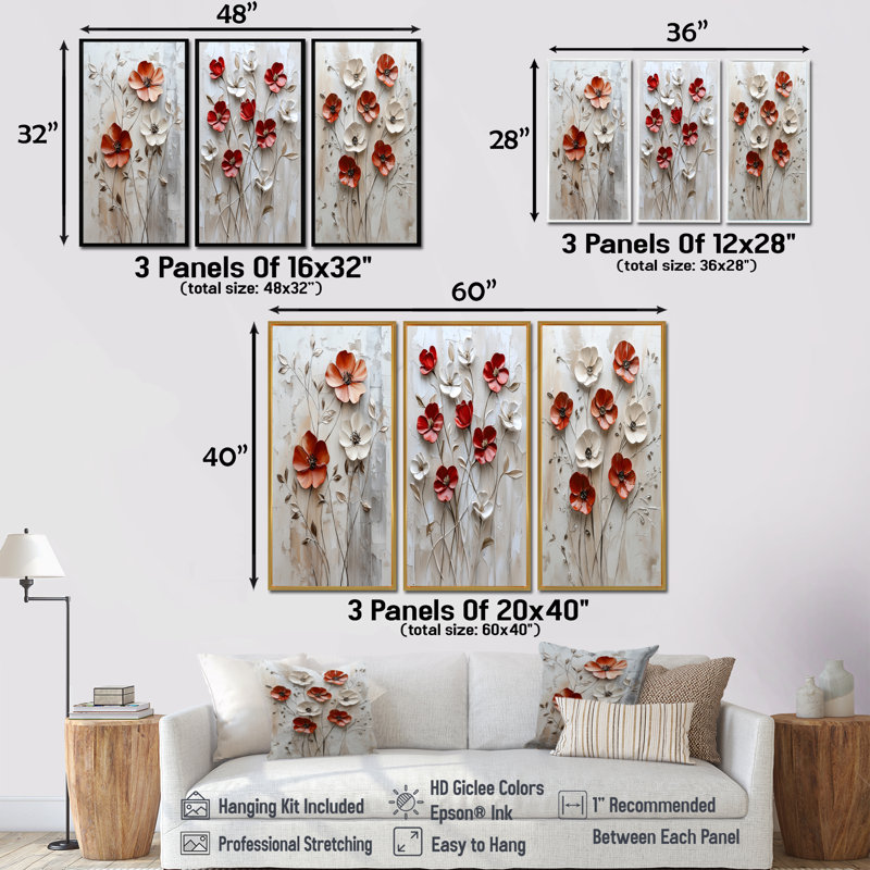 Red Blooming Poppies Melody I - Collection d'art mural coquelicots, H 32 po x l 48 po, Toile tendue, Ne s'applique pas