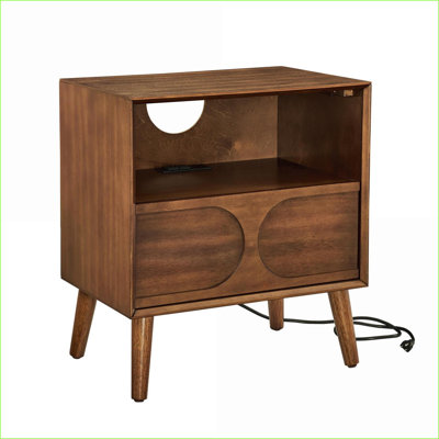 Table de chevet moderne Mid-Century avec station de charge, tiroir et amp; Pieds en bois massif - Noyer