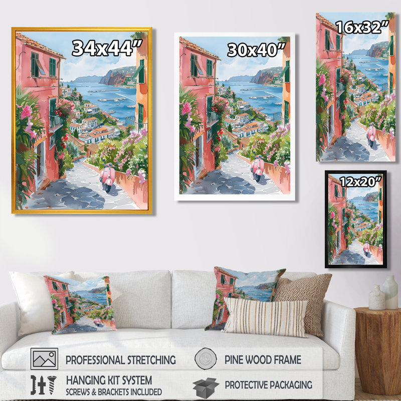«Pink Coastal Village Italy II», art mural Italie, Toile tendue, H 12 po x l 20 po