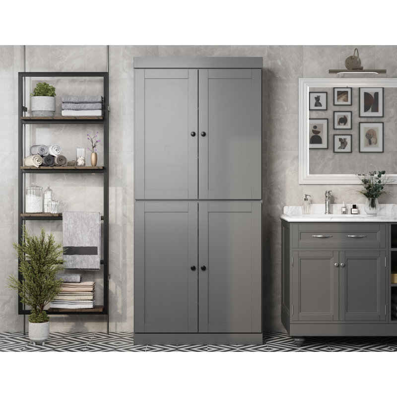 Armoire de rangement 100% bois massif 32 po avec portes Shaker, 2 tiroirs et tablettes réglables, Gris
