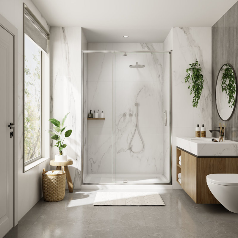 Pivot Semi-Frameless Shower Door With 1/4" Tempered Glass, Brushed Nickel, 48"W x 71"H