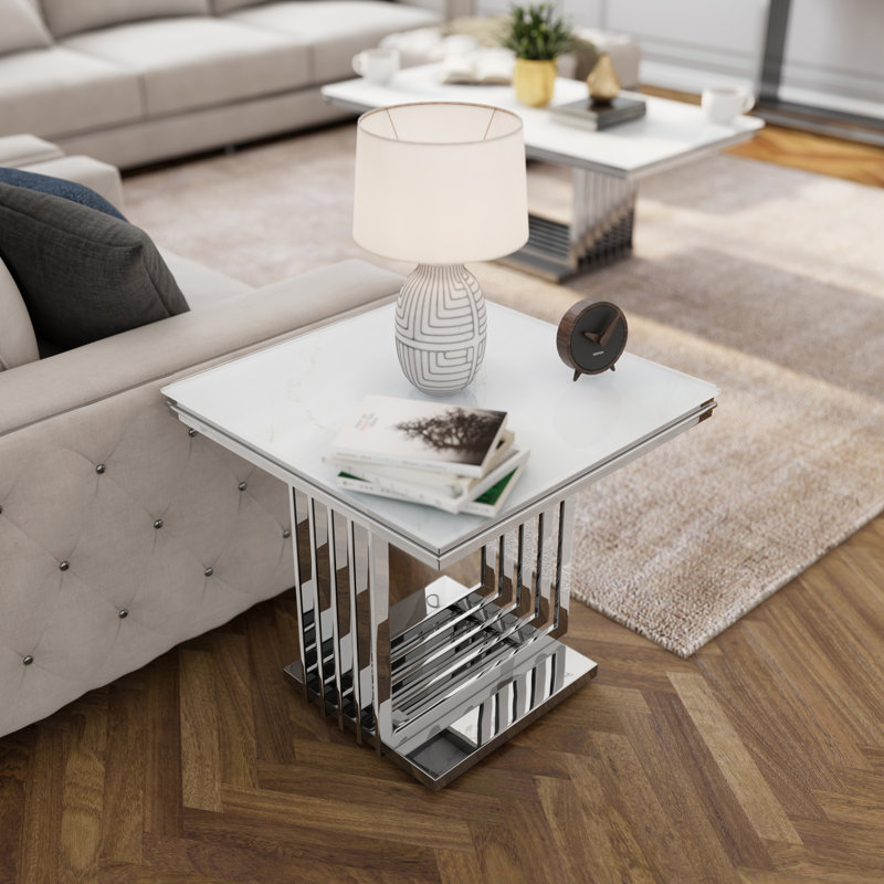 Ensemble de 2 tables de bout 24 pouces en verre trempé blanc avec base argentée