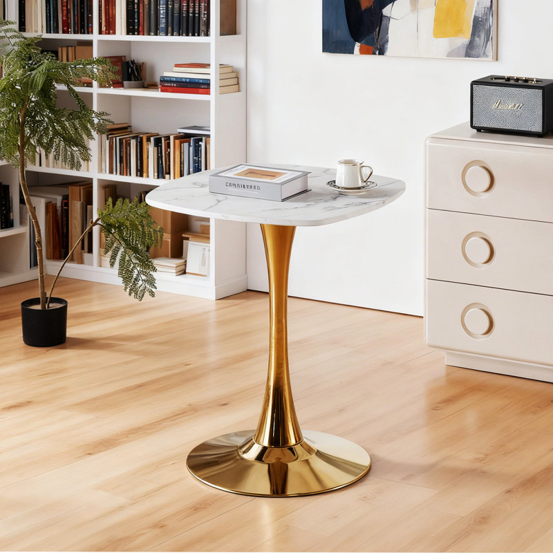 Table de salle à manger carrée en tulipe pour 2 à 4 personnes, idéale pour les petits espaces. Plateau de 61 cm (24 pouces), pied central en métal doré, design bistro moderne, blanc et or, pieds stables, facile d'entretien.